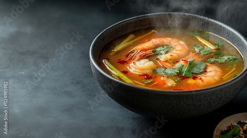 steaming bowl of tom yum soup with prawns lemongrass and chili oil styled on dark slate background photo