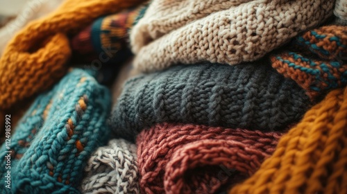 Close-up of a collection of warm, colorful knitted items, including gloves, hats, and sweaters.