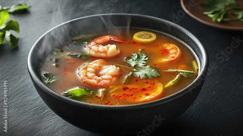 steaming bowl of tom yum soup with prawns lemongrass and chili oil styled on dark slate background photo