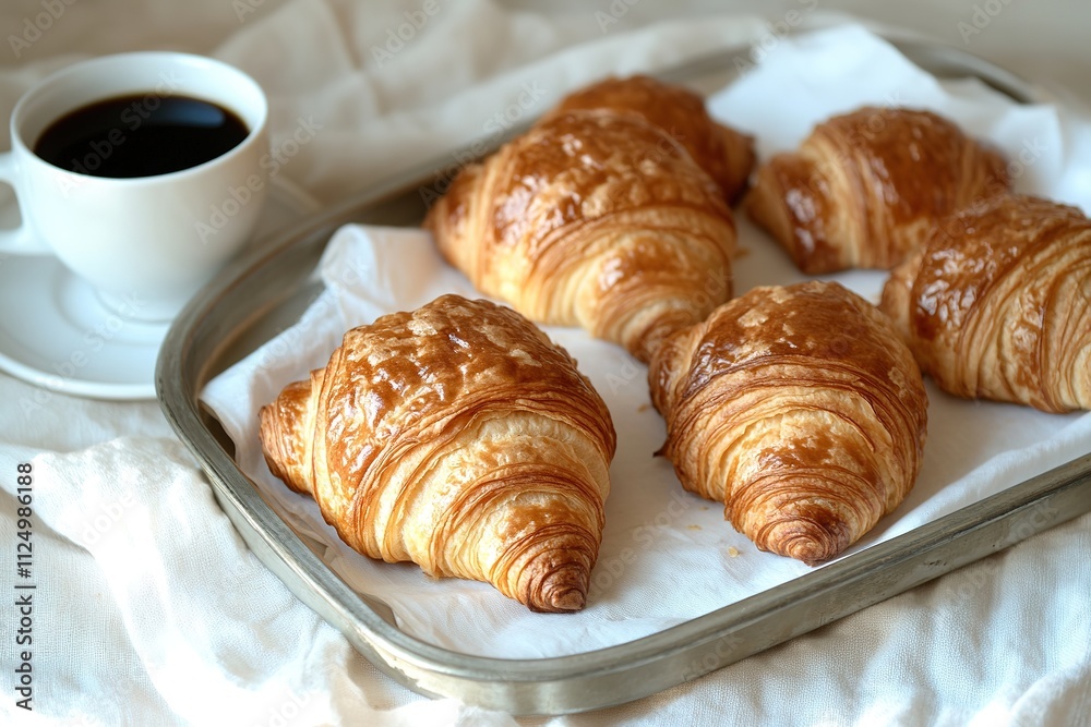 tray of freshly baked croissants placed on white linen cloth with cup of coffee nearby tray of freshly baked croissants placed on white linen cloth with cup of coffee nearby