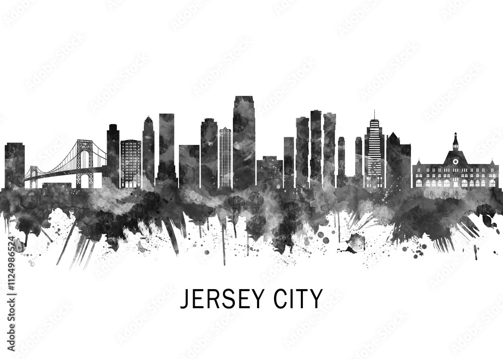 Jersey city New Jersey Skyline BW, landscape watercolor abstract painting travel illustration urban art modern downtown landmarks skyscrapers artwork