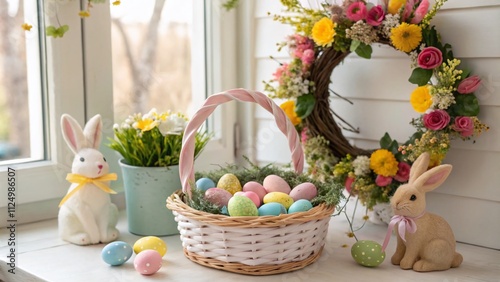 Cheerful Easter Home Decoration with Painted Egg Basket, Bunnies and Spring Wreath Creating a Vibrant and Fresh Atmosphere for Celebrating the Joy of Easter