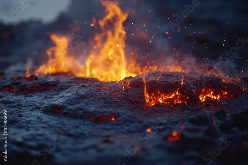 A close up of lava flowing into the ocean at night photo