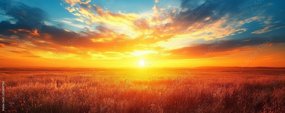 golden sunset over a field of tall grass with warm lighting, Generative AI golden sunset over a field of tall grass with warm lighting, Generative AI