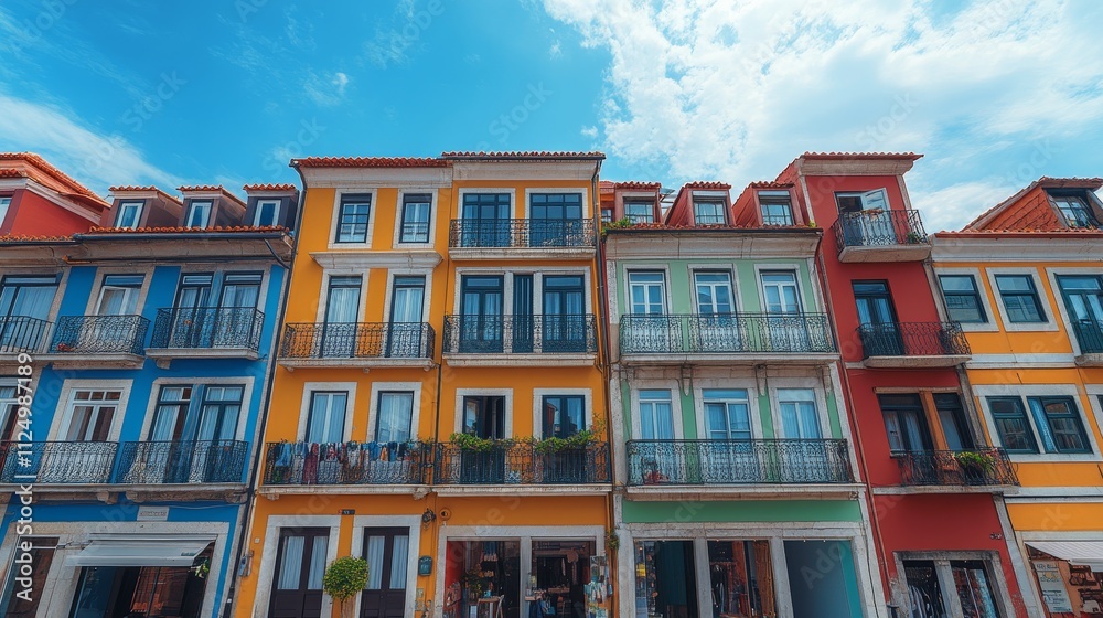 Fototapeta premium Vibrant buildings with colorful facades under a blue sky