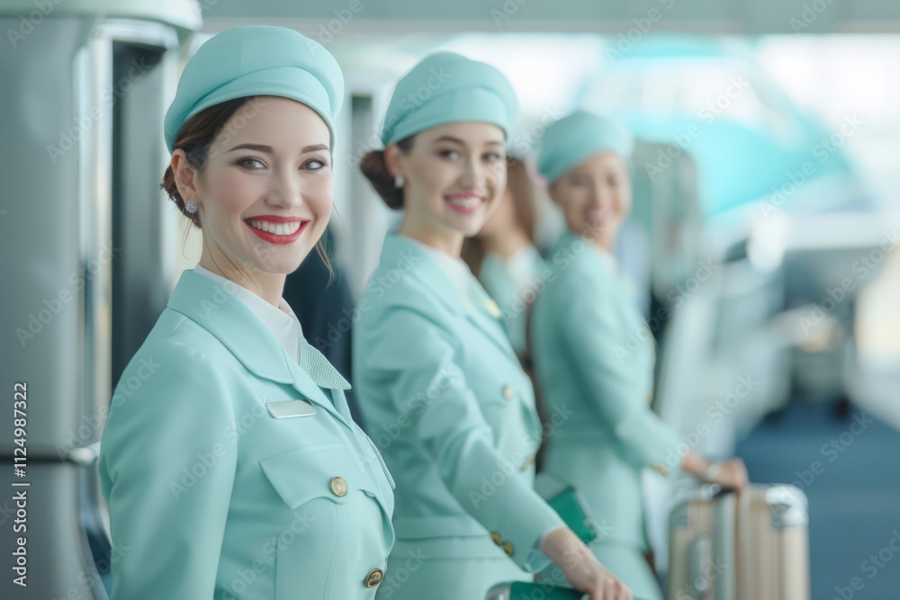 A Group of Flight Attendants in Elegant Uniforms Smiling While Pushing Luggage Carts at the Airport Terminal Near a Plane Ready for Departure A Group of Flight Attendants in Elegant Uniforms Smiling While Pushing Luggage Carts at the Airport Terminal Near a Plane Ready for Departure