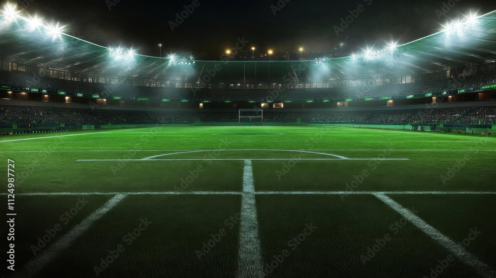 Football stadium with green grass field and lights at night. Football stadium with green grass field and lights at night.