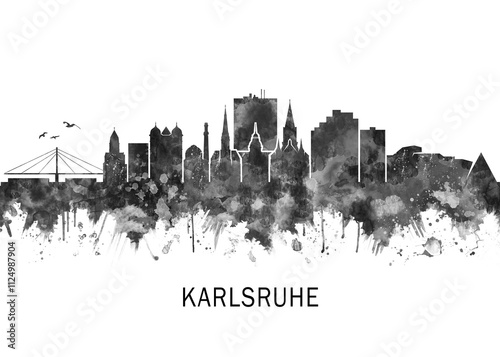 Karlsruhe Germany Skyline BW, landscape watercolor abstract painting travel illustration urban art modern downtown landmarks skyscrapers artwork photo