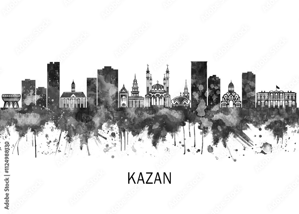 Obraz premium Kazan Russia Skyline BW, landscape watercolor abstract painting travel illustration urban art modern downtown landmarks skyscrapers artwork