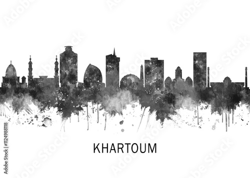 Khartoum Sudan Skyline BW, landscape watercolor abstract painting travel illustration urban art modern downtown landmarks skyscrapers artwork