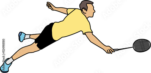 Illustration of a badminton player rush shot to return a shuttlecock, symbolizing determination and quick reflexes,demonstrates agility and focus,highlights athleticism and effort