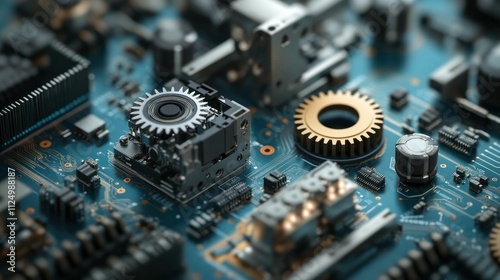 Historic gear assembly next to microchips and AI chips displayed side-by-side, symbolizing technological leaps from Industrial Revolution to Industry 5.0 photo