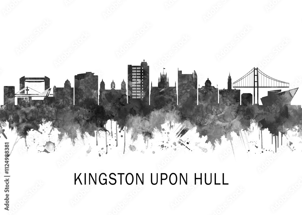 Obraz premium Kingston upon Hull England Skyline BW, landscape watercolor abstract painting travel illustration urban art modern downtown landmarks skyscrapers artwork