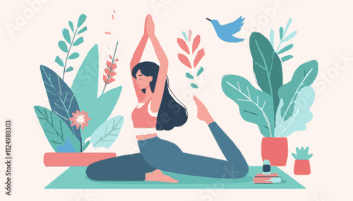 Vector illustration of a woman in meditation practicing yoga pose fitness and exercise