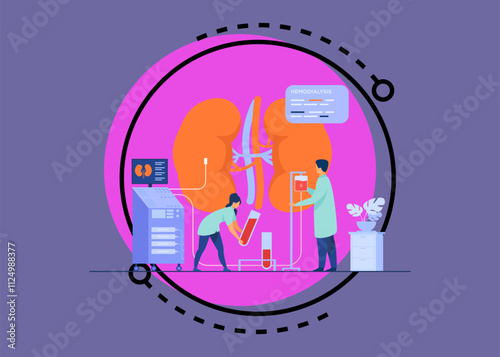 Doctors conducting dialysis procedure for kidney treatment. Vector illustration for patient hemodialysis, healthcare, blood transfusion, internal injection, kidney disease concept