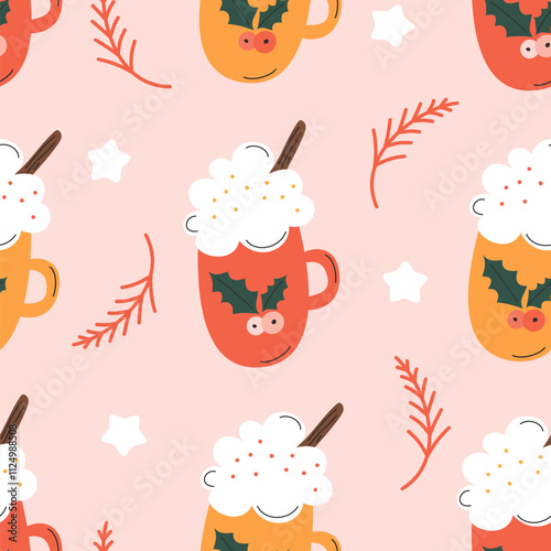 cute hand drawn red and yellow coffee mug with cinnamon stick and whipped cream and stars funny seamless vector pattern on pink background illustration for christmas holiday 