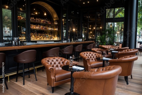 This image showcases a luxurious bar space with rich wooden features, elegant leather chairs, and a beautifully stocked drink display that radiates sophistication and comfort.