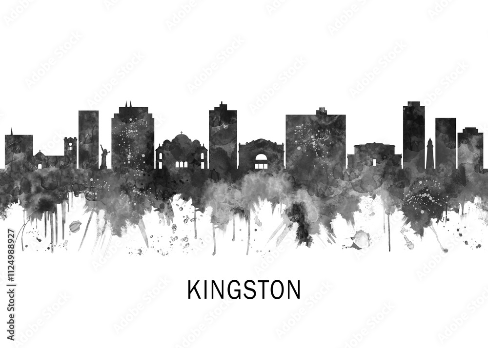 Kingston Jamaica Skyline BW, landscape watercolor abstract painting travel illustration urban art modern downtown landmarks skyscrapers artwork