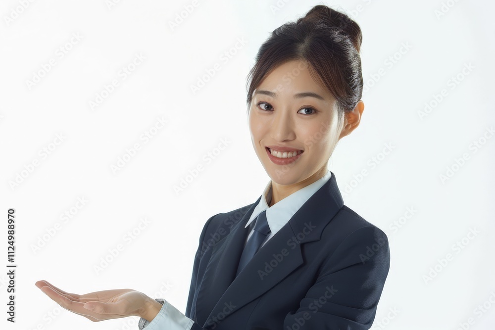 Stylish Asian Flight Attendant with Neat Hair, Offering a Welcoming Gesture in a Professional Attire and Confident Smile, Captured in a Studio Setting Stylish Asian Flight Attendant with Neat Hair, Offering a Welcoming Gesture in a Professional Attire and Confident Smile, Captured in a Studio Setting