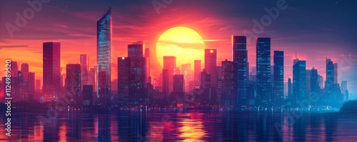 futuristic cityscape at sunset, with neon lights, Generative AI