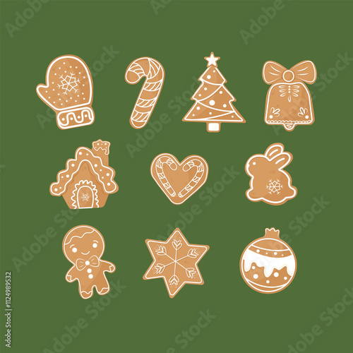 Set of Christmas Gingerbread cookies. Cute winter homemade sweets in festive shapes isolated on green background. EPS 10