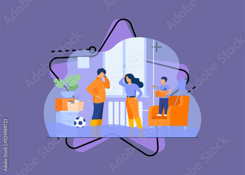 Family couple walking ankle deep in water at home, calling plumber service to fix broken pipes. Vector illustration for overflow, flooded house, emergency concept