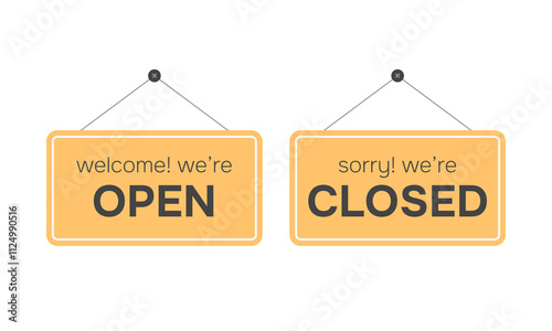 Open and closed hanging signboard. Information signage for business or service. Vector illustration