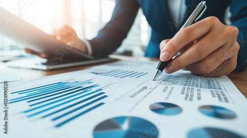 Financial Consultant Analyzing Investment Data and Business Charts