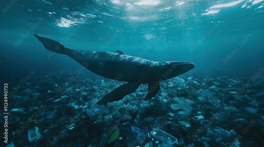 Fototapeta premium Whale swimming through a dense plastic garbage field, environmental pollution