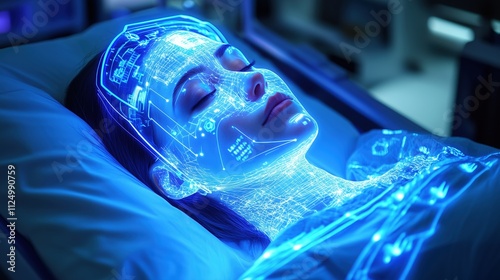 Futuristic AI Health Scanner Analyzing Patient with Glowing Holographic Interface