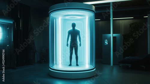 Futuristic AI-Driven Diagnostic Booth with Glowing Holographic Technology