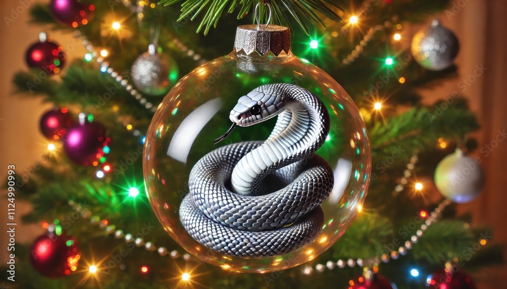 Silver snake inside a glass Christmas ornament on a decorated tree. Silver snake inside a glass Christmas ornament on a decorated tree.