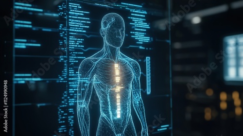 Futuristic Holographic Health Data Display Showing Genetic and Body Analysis