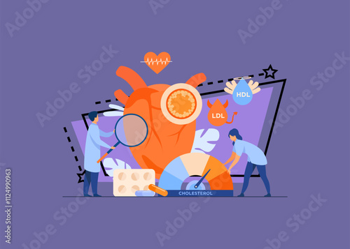 Heart disease risk concept. Medical examination of heart with high cholesterol, blood pressure and cardiovascular system problems. Flat vector illustration for medicine, health care, treatment concept