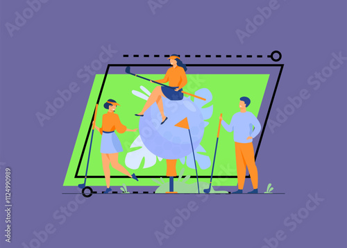 Happy people playing golf with brassies and ball on lawn, enjoying their hobby, having fun. Vector illustration for golf club, championship, sport, lifestyle concept photo