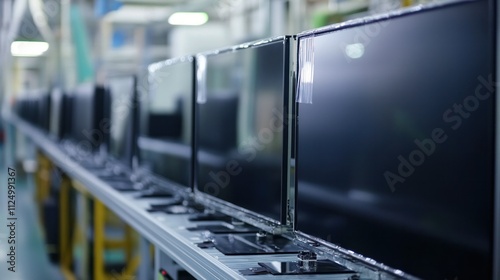 LED TV assembly line, large flat panels carefully placed into frames, protective films peeled off by gentle suction tools photo