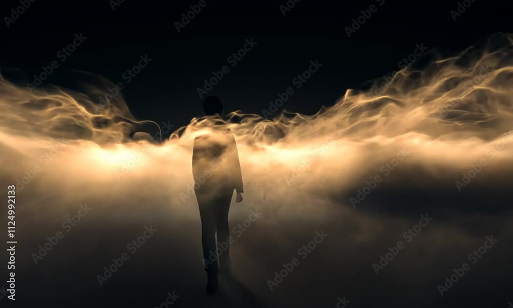 Silhouetted Figure Emerging from Golden, Wispy Clouds Silhouetted Figure Emerging from Golden, Wispy Clouds