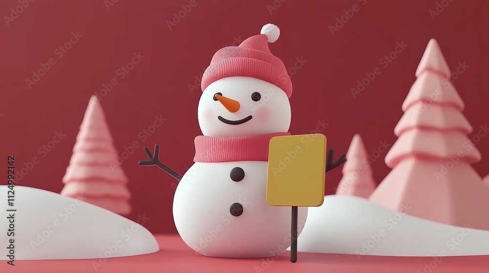 A cheerful snowman wearing a pink hat and scarf stands in a snowy landscape with pink trees, holding a yellow sign against a red backdrop. A cheerful snowman wearing a pink hat and scarf stands in a snowy landscape with pink trees, holding a yellow sign against a red backdrop.