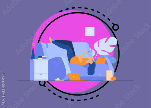 Lazy depressed woman resting in couch with smartphone after making mess at home. Vector illustration for depression, addiction, apathy, fatigue concept