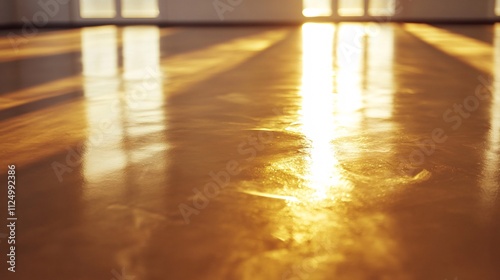 Polished concrete floor reflecting warm sunlight from large windows