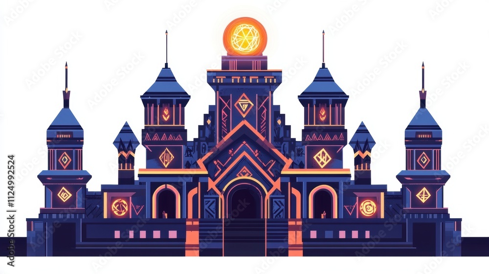 A stylized, vibrant castle with towers and a glowing orb on top. A stylized, vibrant castle with towers and a glowing orb on top.