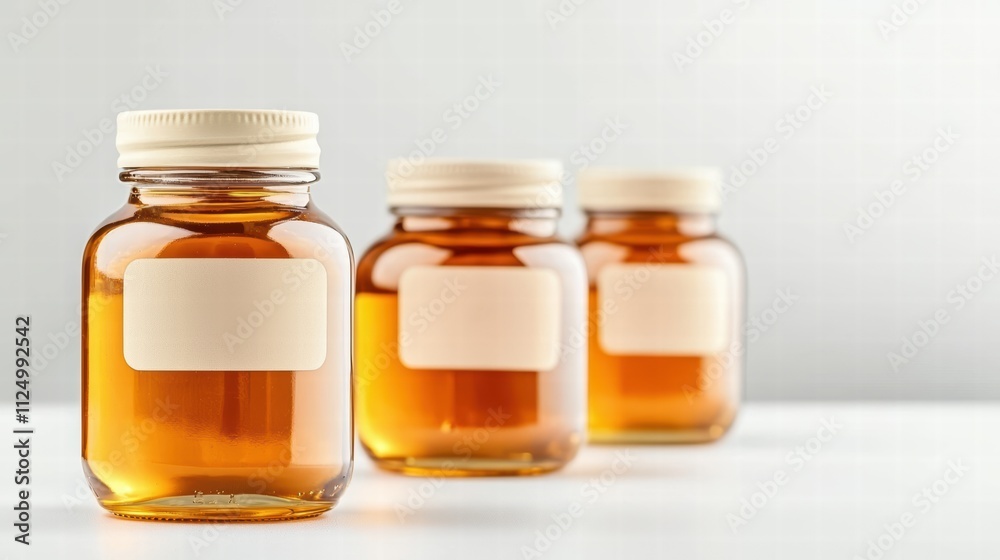 Three glass jars filled with amber liquid, showcasing simplicity and elegance for product display or packaging. Three glass jars filled with amber liquid, showcasing simplicity and elegance for product display or packaging.