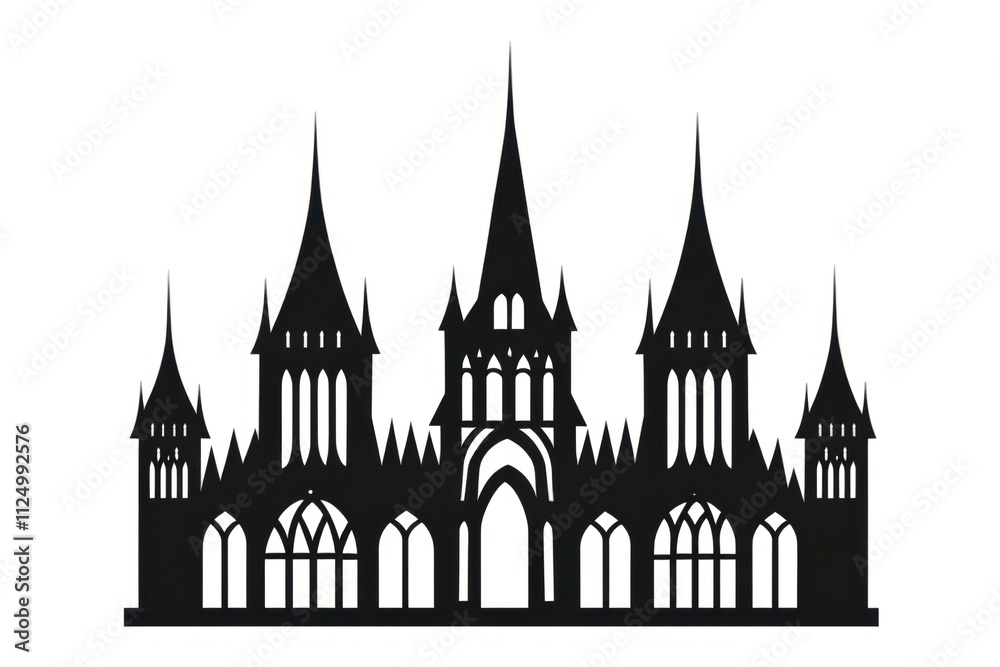 A silhouette of a gothic-style castle with multiple spires and arches. A silhouette of a gothic-style castle with multiple spires and arches.