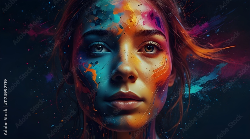 A human face blending into a digital cosmos with vibrant strokes, illustrating the intersection of technology and humanity, showcasing a modern artistic fusion. generative.ai A human face blending into a digital cosmos with vibrant strokes, illustrating the intersection of technology and humanity, showcasing a modern artistic fusion. generative.ai