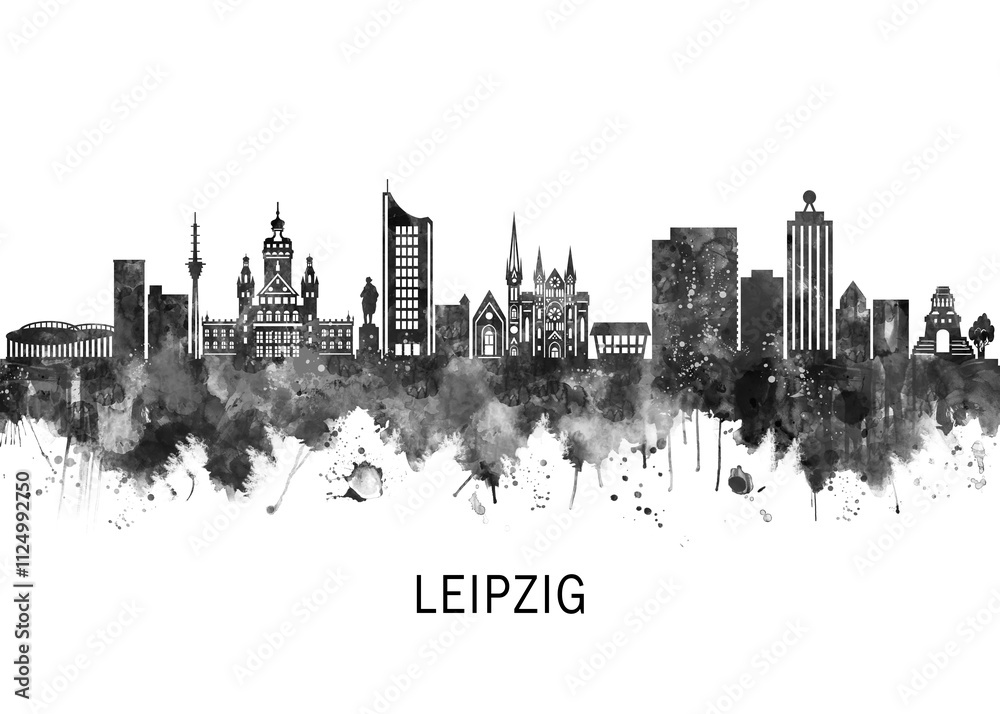 Obraz premium Leipzig Germany Skyline BW, landscape watercolor abstract painting travel illustration urban art modern downtown landmarks skyscrapers artwork