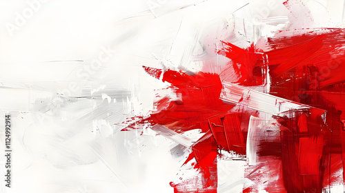 Abstract red and white painting with bold brushstrokes.