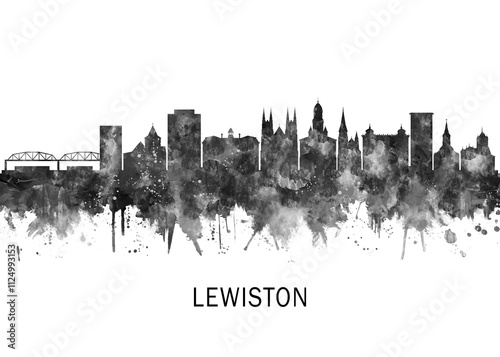 Lewiston Maine Skyline BW, landscape watercolor abstract painting travel illustration urban art modern downtown landmarks skyscrapers artwork photo