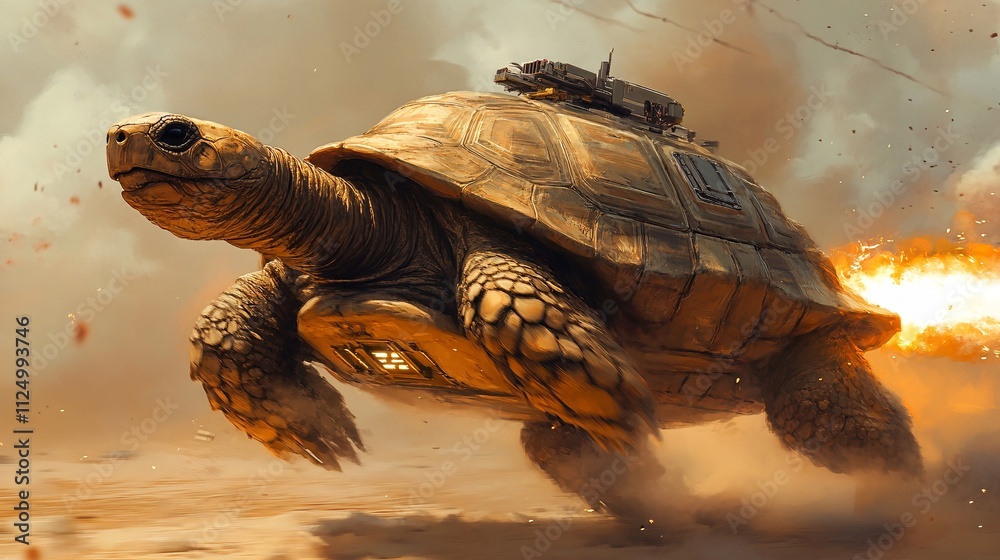 Naklejka premium A fantastical scene featuring a turtle gallantly racing through a sandy landscape, enhanced by a small creature riding atop it.