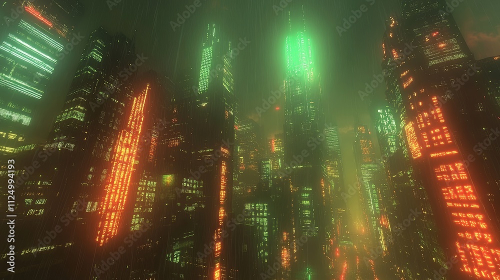 Fototapeta premium futuristic cyberpunk city with neon-lit streets and tall skyscrapers, Generative AI