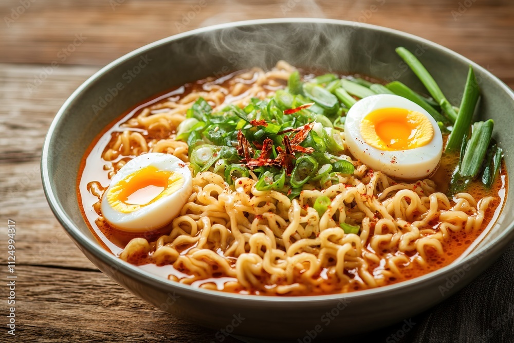 bowl of steaming ramen with perfectly cooked noodles boiled egg and fresh scallions placed on wooden table bowl of steaming ramen with perfectly cooked noodles boiled egg and fresh scallions placed on wooden table